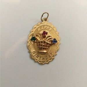 14k Solid Yellow Gold Vintage Happy Birthday Charm w Emerald, Ruby & Sapphire!